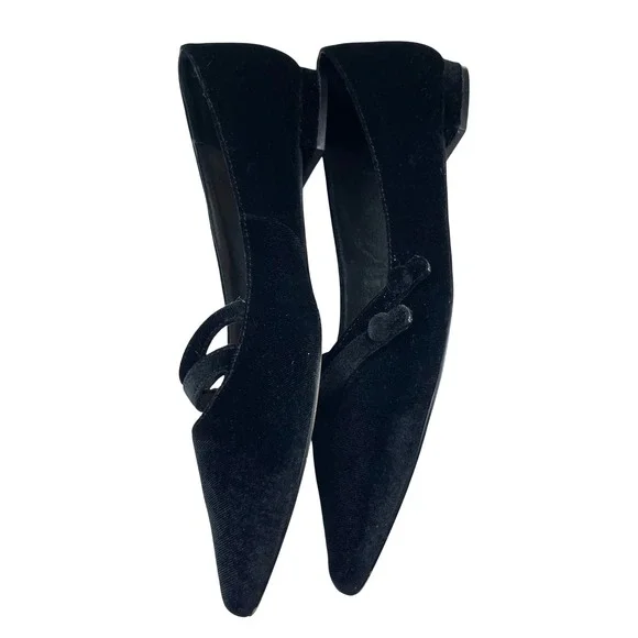 Saks Fifth Avenue Flats Women 10 Black Good Velvet Mary Jane Pointed Toe Luxury - Picture 12 of 16